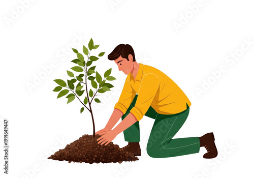 Man planting a small tree in the ground isolated on transparent background, PNG