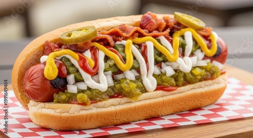 Delicious Gourmet Hot Dog with Toppings.