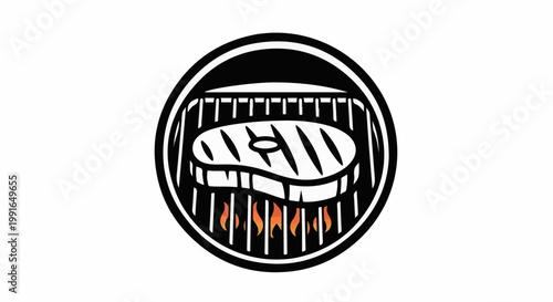 Steak grilling on an open fire within a circular frame