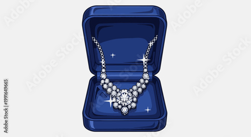 Sparkling diamond necklace presented in an open blue velvet jewelry box