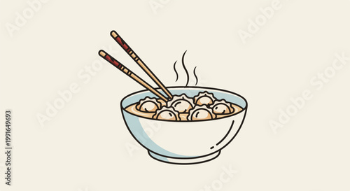 Steaming bowl of dumplings with chopsticks, simple illustration