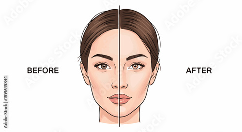 Split image shows a woman's face, comparing 'before' and 'after' with subtle changes