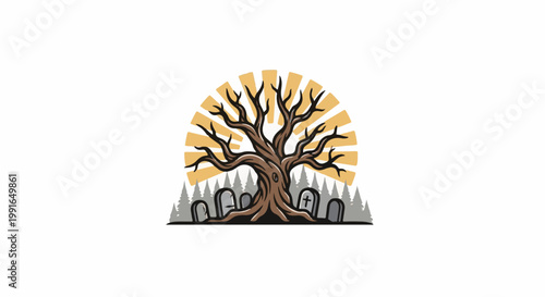 Spooky bare tree with tombstones and sunburst graphic