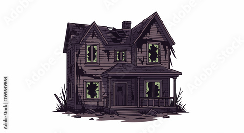 Spooky abandoned two-story house with broken windows and weathered exterior