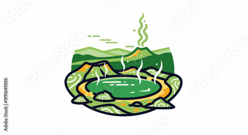 Steaming hot spring surrounded by green hills and a distant volcano