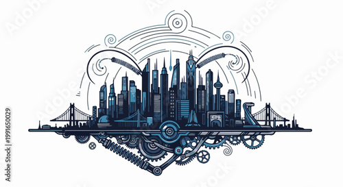 Steampunk cityscape with gears and abstract swirling lines above