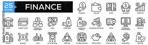 Finance icon collection set. Containing design Finance, Wallet, Cash, Savings, Growth
