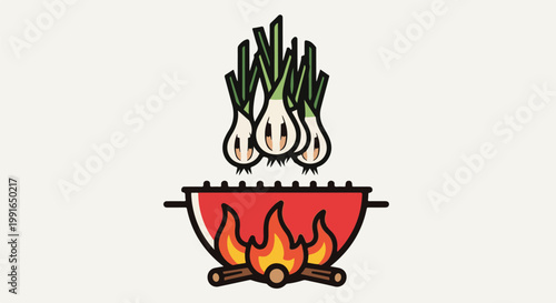 Spring onions grilling over a fiery barbecue