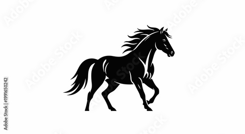 Stylized black horse in silhouette galloping on white