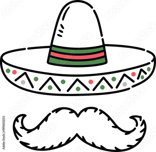 Mexican sombrero hat and mustache icon, traditional festive headwear and facial hair illustration