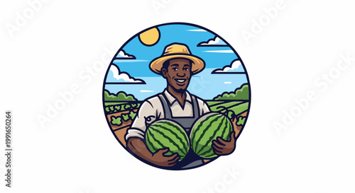 Smiling farmer in straw hat holding watermelons in a field under a sunny sky