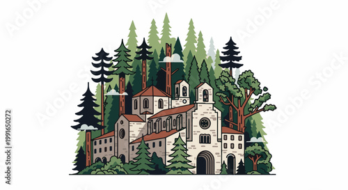 Stone monastery nestled amongst tall evergreen trees