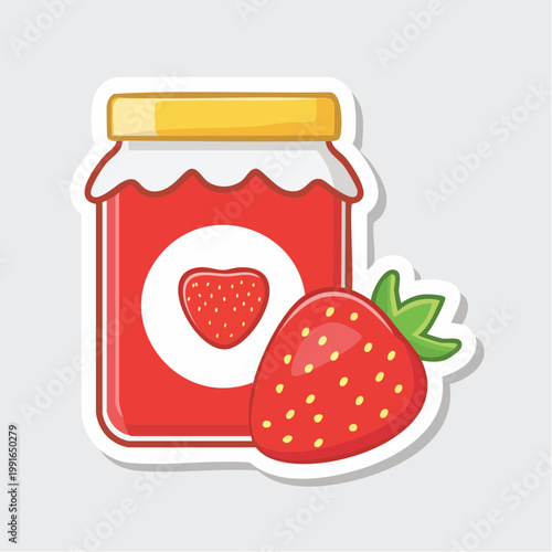 Strawberry jam jar icon with fresh strawberry and heart shape