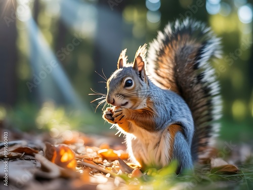 Squirrel Eating Nut in Sunlit Forest
