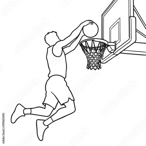 Silhouette line art of a basketball player leaping for a slam dunk