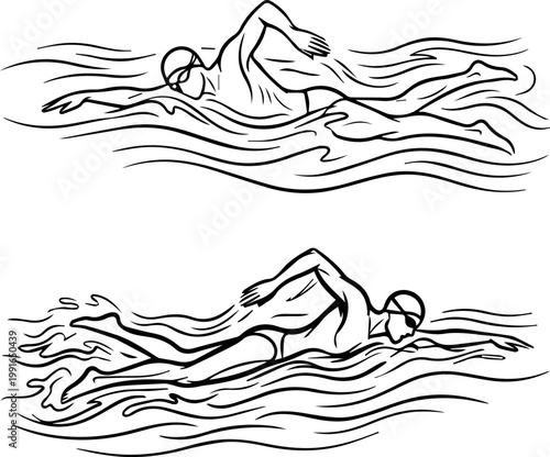 Minimalist silhouette line art of a swimmer in freestyle stroke