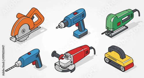 Six colorful isometric power tools on a white background