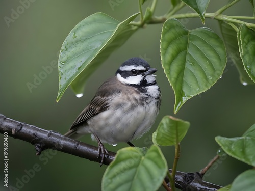 Bird Sheltering Under Leaves in Rain