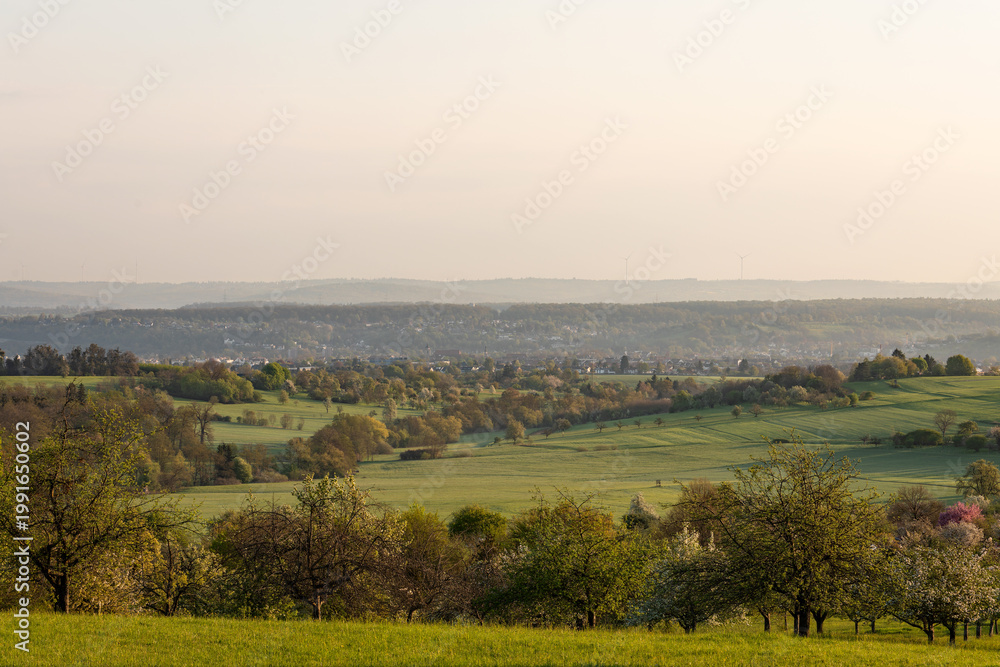 Obraz premium Scenic view of Kirchheim with its historic old town, church and town hall at sunrise in spring. meadows in the Albvorland, looking towards the Schurwald. Kirchheim unter Teck, Germany.