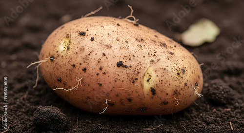 A large, dirty potato with soil and roots on its surface in the ground