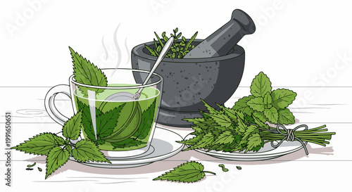 Steaming nettle tea in a glass cup with fresh herbs and a mortar