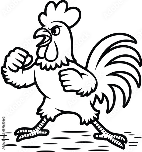 Cartoon angry rooster mascot character with clenched fists