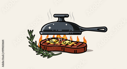 Sizzling steak cooking in pan with butter and rosemary