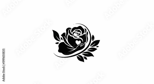 Silhouette of a rose with hands cradling a heart, surrounded by leaves