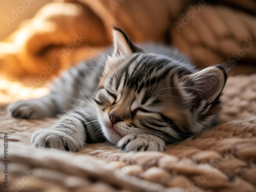 Sleeping Kitten on Soft Blanket