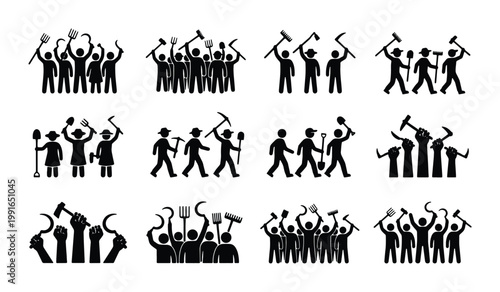 Bild auf Leinwand Protesting workers and angry farmers stick figure icons, set of 12 vector silhou