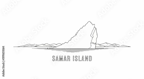 Sketch of a rocky island formation jutting out from a calm sea with distant hills