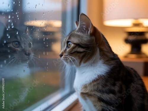 Cat Watching Rain Through Window