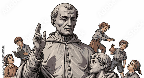 Stone statue of clergyman with children gathered around him