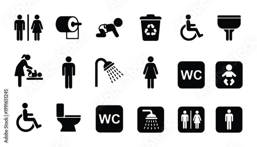 Restroom and bathroom icon set with 18 black vector symbols, public toilet signage for men and women, baby changing and accessibility wayfinding graphics