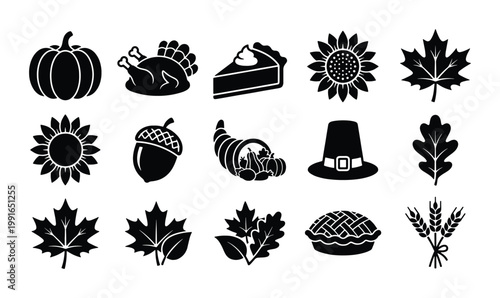 Thanksgiving holiday icon set, 15 black vector silhouettes of autumn harvest symbols, pumpkin and turkey dinner elements for seasonal celebration