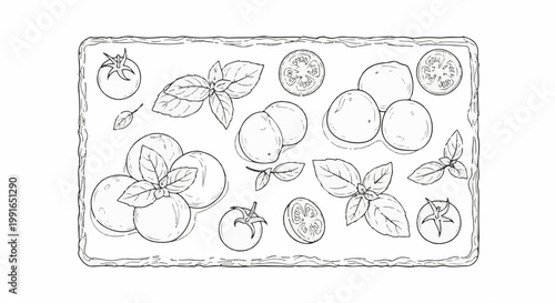 Sketch of tomatoes, mozzarella balls, and basil leaves arranged on a rectangular surface