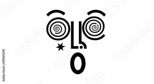 Stylized black and white graphic of a surprised face with spiral eyes