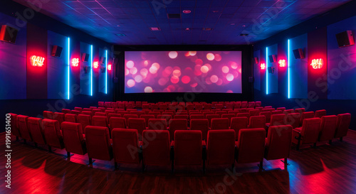 Empty cinema hall with red seats and neon lights. Modern movie theater interior for film screening and entertainment.