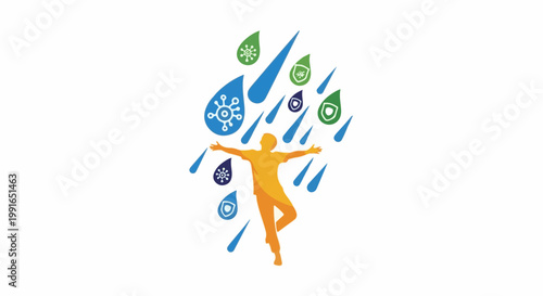 Silhouette of person embracing rain with virus and shield icons