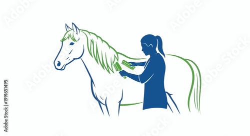 Silhouette of person grooming horse with brushes, blue and green outline