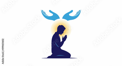 Silhouette of person praying with glowing halo and guiding hands above