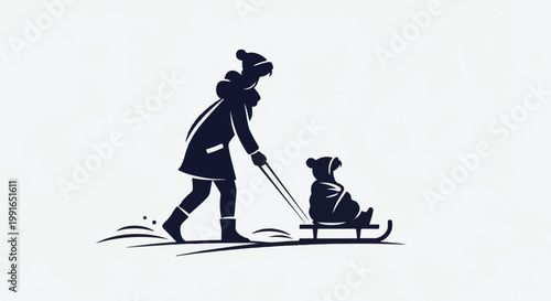 Silhouette of person pulling child on sled through snow