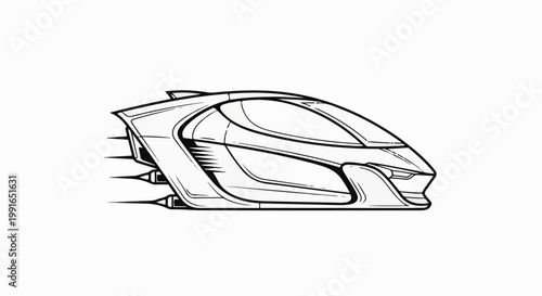 Sleek, futuristic pod-like vehicle with multiple exhaust thrusters