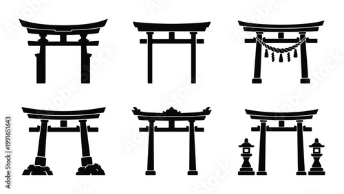 Canvastavla Japanese Torii Gate Silhouette Set, Traditional Shinto Shrine Entrance Icons, 6