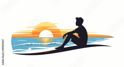 Silhouette of person sitting on a surfboard watching a sunset over the ocean