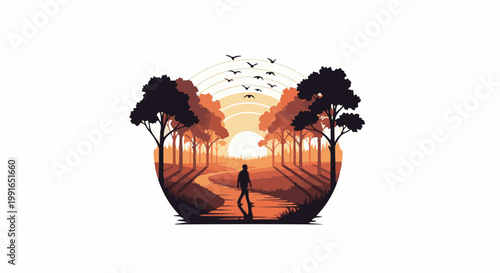 Silhouette of person walking on a path through trees at sunset