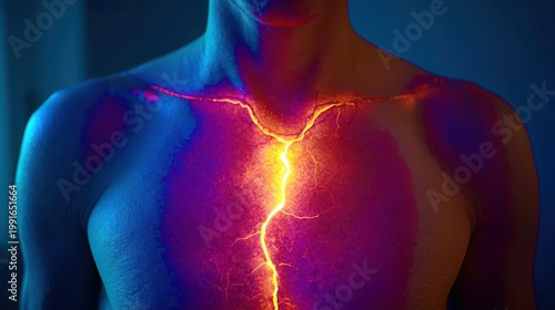 Electric bolt streaks down chest, glowing against dark skin