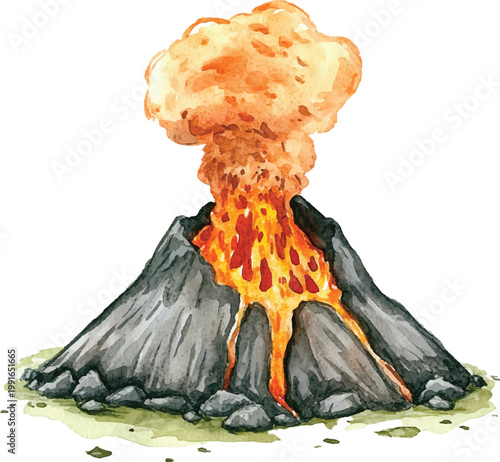 Erupting volcano with molten lava flow.