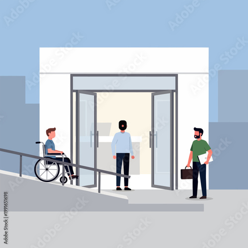 Man in wheelchair at building entrance with accessible ramp and doors