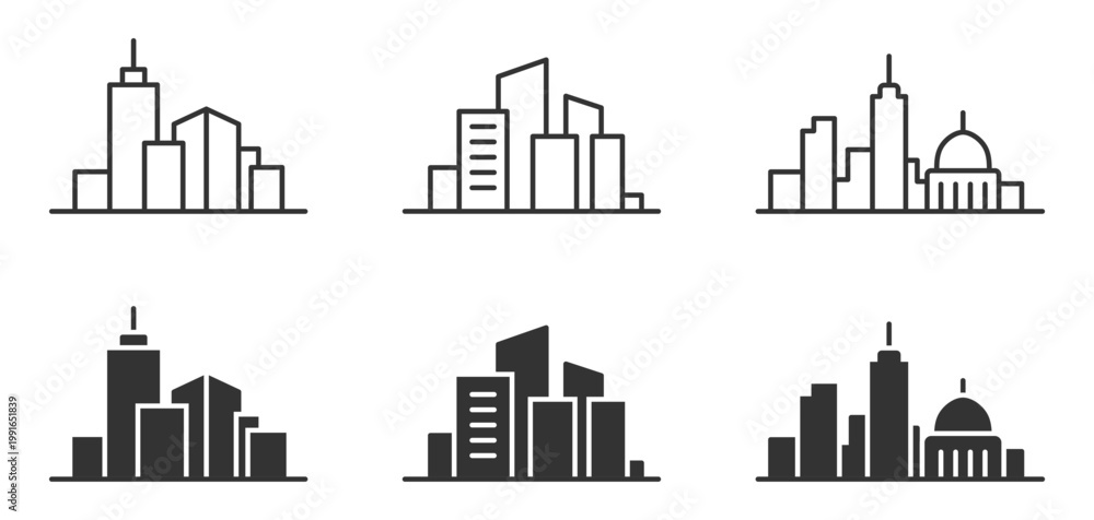 Obraz premium Minimalist cityscape icons collection featuring modern urban skylines.